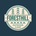 Camp logo. Outdoor Camping badge with forest and tourist tents. Vector illustration.